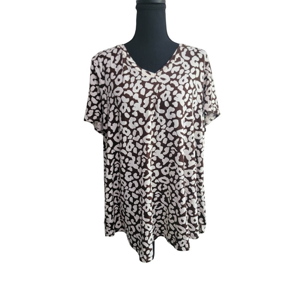 Honeyme Curvy Womens XL V-Neck Short Sleeve Leopard Animal Print Top Brown White